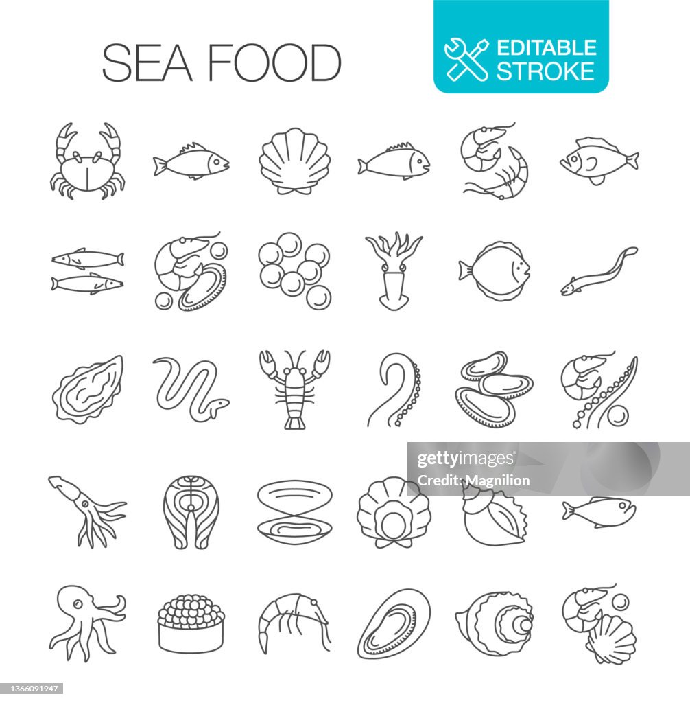 Iconos de línea de mariscos Establecer trazo editable