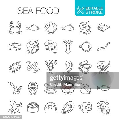 Seafood Line Icons Set Tratto modificabile Seafood Line Icons Set Tratto modificabile
