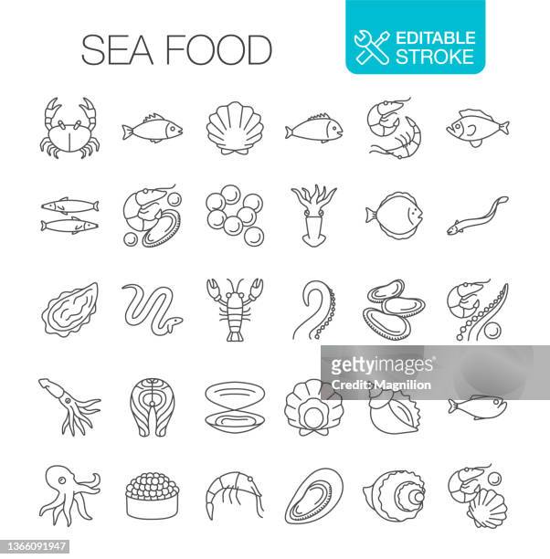 seafood line icons set editable stroke - crab seafood 幅插畫檔、美工圖案、卡通及圖標