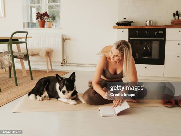 woman and her dog on a yoga mat - zen dog stock pictures, royalty-free photos & images