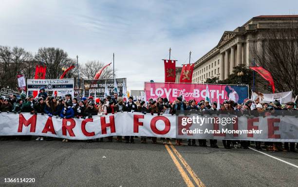 Anti-abortion activists march to the U.S. Supreme Court during the 49th annual March for Life rally on January 21, 2022 in Washington, DC. The rally...