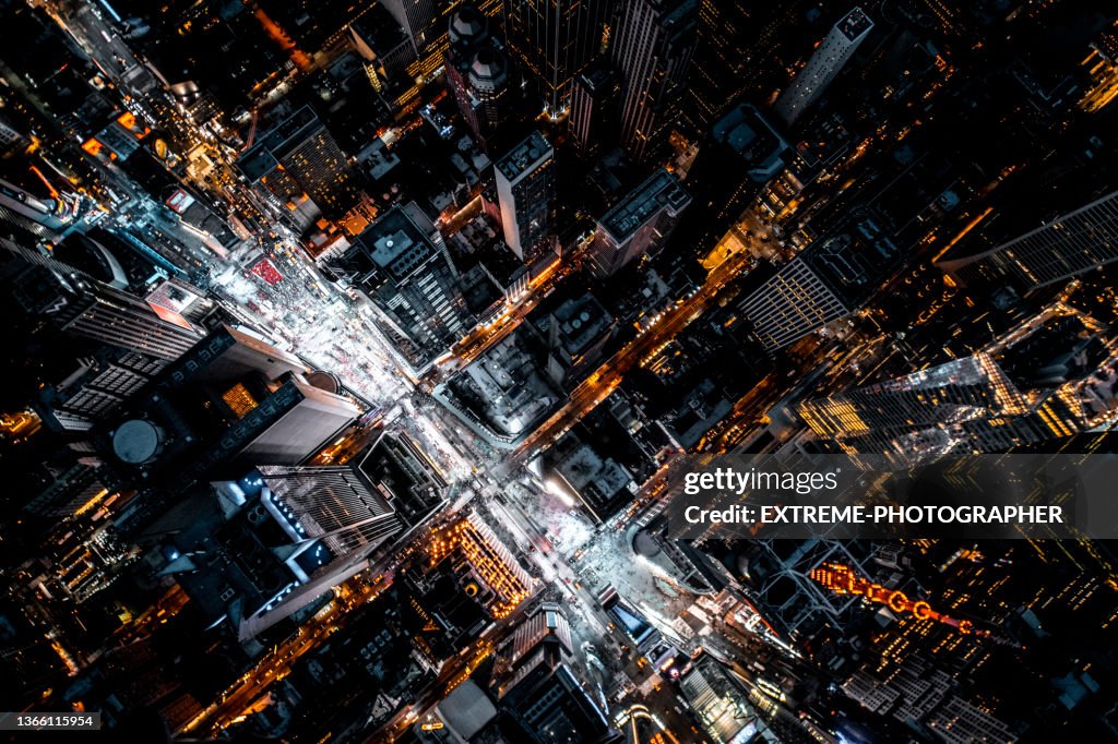 The view from a helicopter on the famous Time Square in New York
