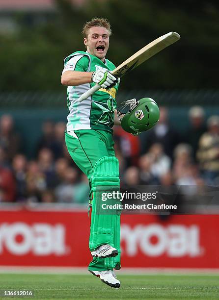 Luke Wright of the Stars celebrates scoring his onehundred runs during the T20 Big Bash League match between the Hobart Hurricanes and the Melbourne...