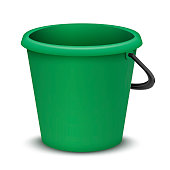 Realistic green plastic basket 3d template vector illustration. Household bucket with handle mockup