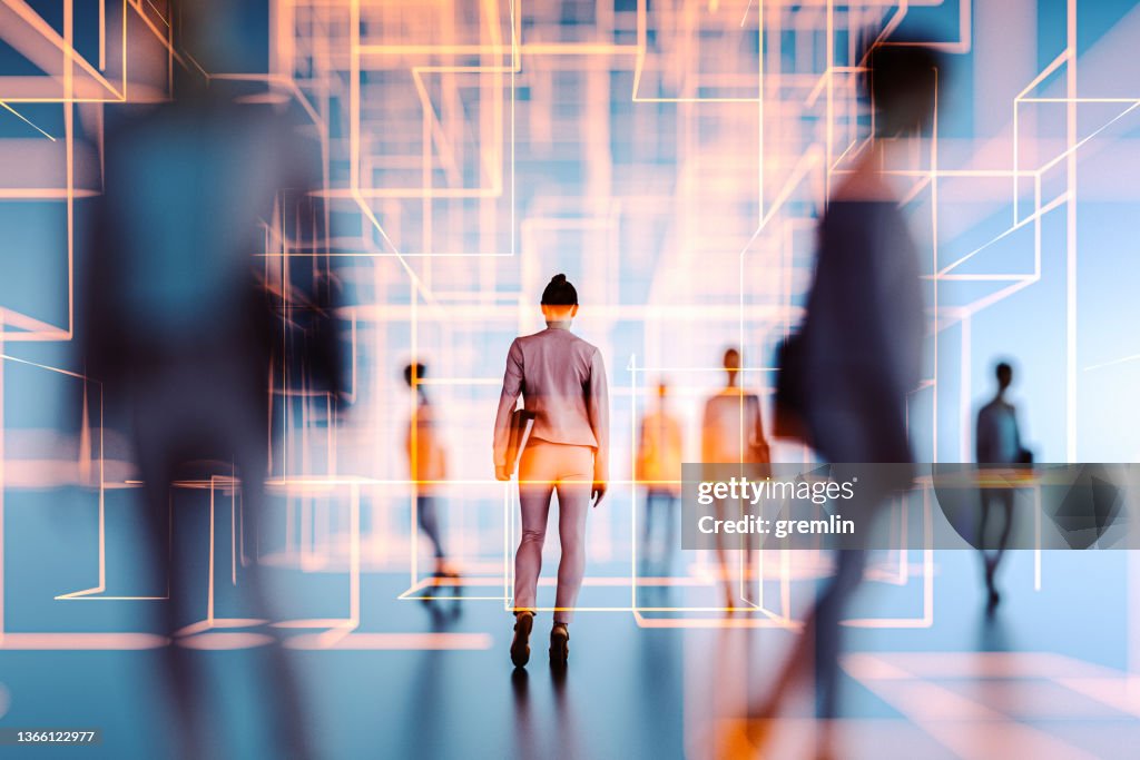 Woman walking in VR environment