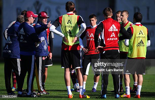 Head coach Dieter Hecking gives instructions during a training session at day five of 1. FC Nuernberg training camp on January 9, 2012 in Belek,...