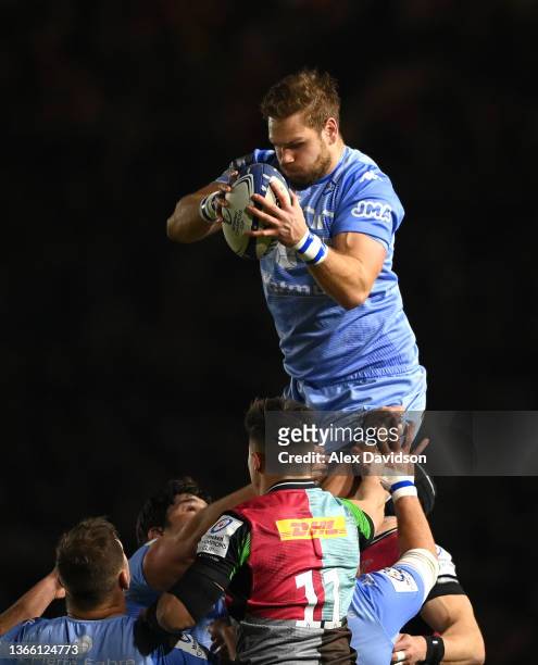 Castres player Jack Whetton wins a lineout ball during the Heineken Champions Cup match between Harlequins and Castres Olympique at The Stoop on...