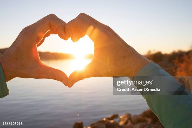 view of woman's hands making heart shape - lake havasu stockfoto's en -beelden