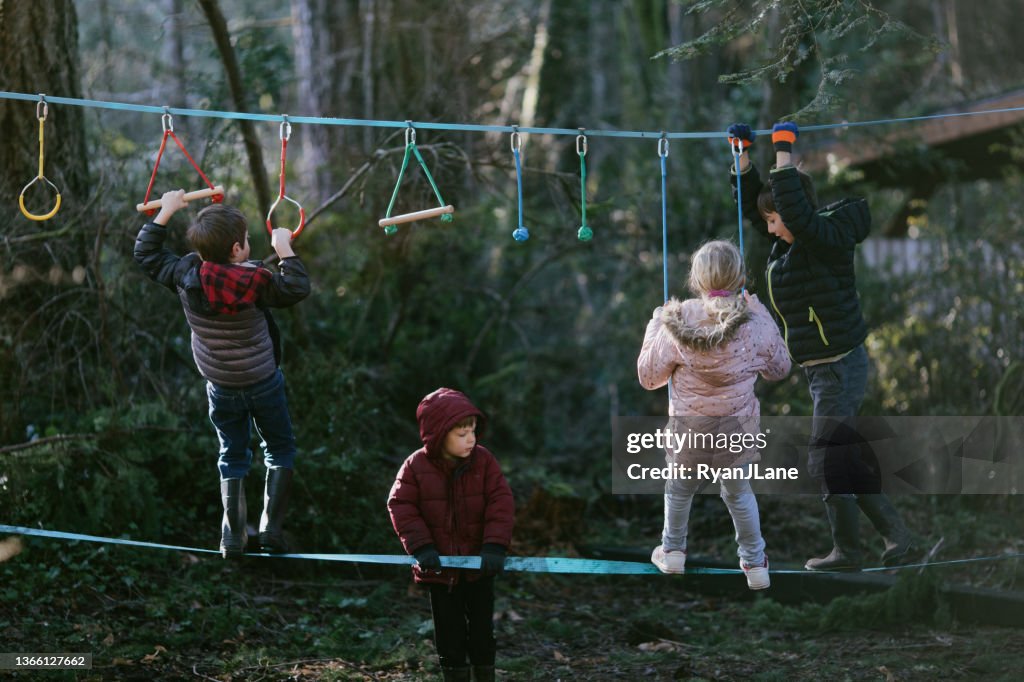 Children Playing on Slackline Exercise Toy