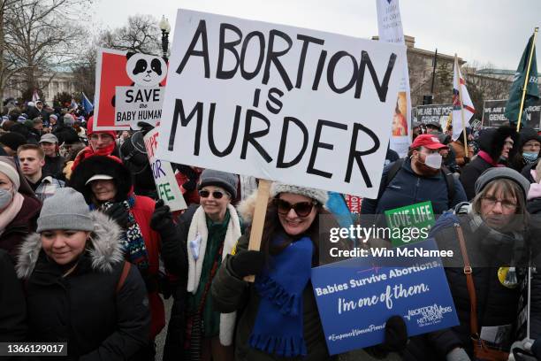 Anti-abortion activists participate in2 the 49th annual March for Life as they march past the U.S. Supreme Court on January 21, 2022 in Washington,...