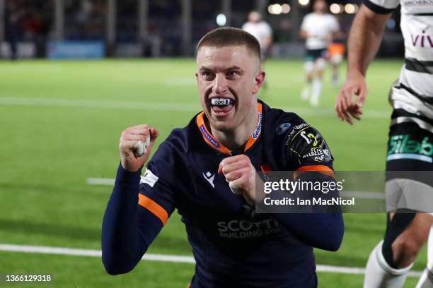 Freddie Owsley of Edinburgh Rugby celebrates scoring his sides fifth try during the EPCR Challenge Cup match between Edinburgh Rugby and CA Brive at...