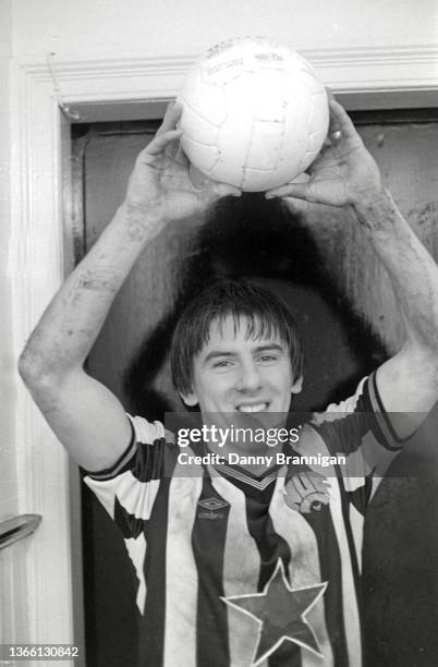 Hat Trick hero Peter Beardsley holds the Minerva match ball after his three goals help beat Sunderland 3-1 during a First Division match at St James'...