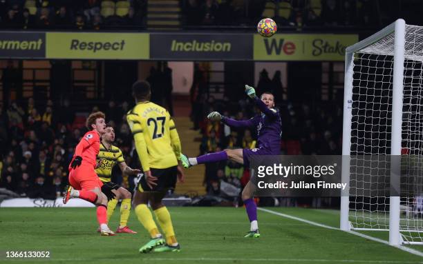 Josh Sargent of Norwich City scores his side's first goal past Daniel Bachmann of Watford during the Premier League match between Watford and Norwich...