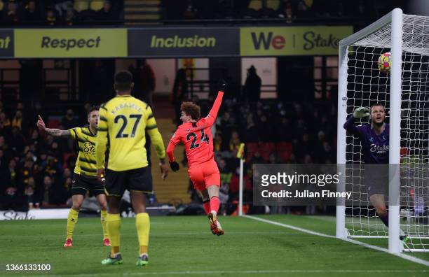 Josh Sargent of Norwich City celebrates after scoring his side's first goal during the Premier League match between Watford and Norwich City at...