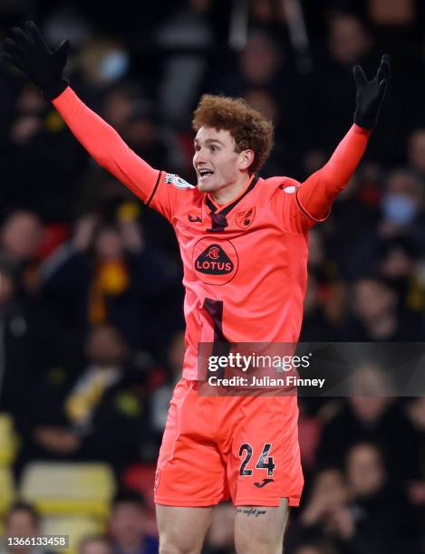 Josh Sargent of Norwich City celebrates after scoring his side's first goal during the Premier League match between Watford and Norwich City at...