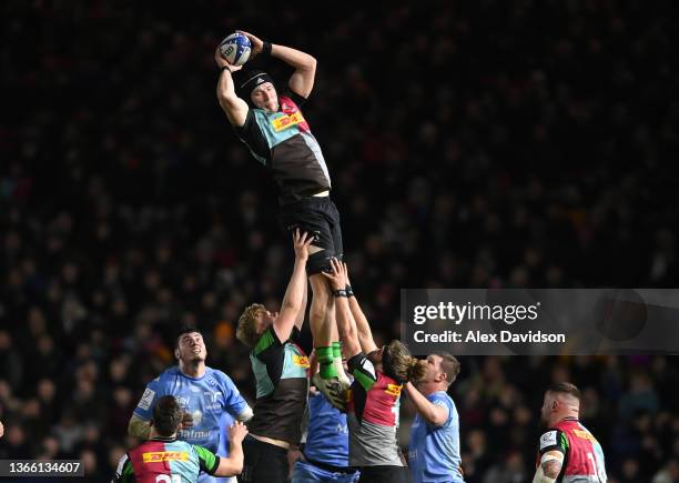 Harlequins player Dino Lamb wins a lineout ball during the Heineken Champions Cup match between Harlequins and Castres Olympique at The Stoop on...