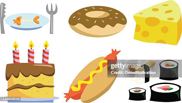 mixed yummy food - salmon plate stock illustrations