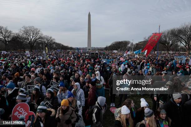 Anti-abortion activists attend the speaker event of the 49th annual March for Life rally on the National Mall on January 21, 2022 in Washington, DC....