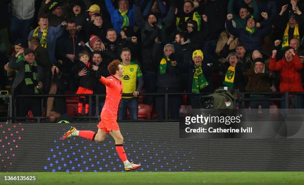 Josh Sargent of Norwich City celebrates scoring his side's second goal during the Premier League match between Watford and Norwich City at Vicarage...