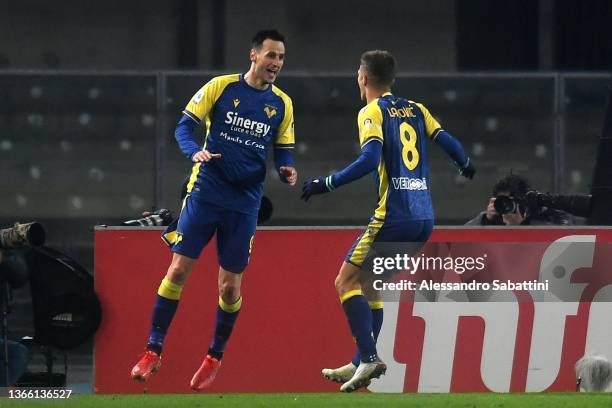 Nikola Kalinic of Hellas Verona celebrates after scoring his team second goal during the Serie A match between Hellas and Bologna FC at Stadio...