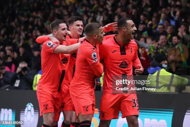 Adam Idah of Norwich City celebrates scoring his side's third goal during the Premier League match between Watford and Norwich City at Vicarage Road...