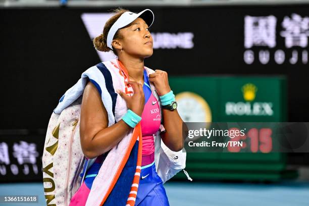 Naomi Osaka of Japan leaves the court after her defeat b Amanda Anismova of the United States after she beat her, during day five of the 2022...