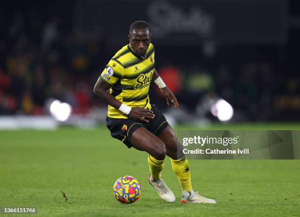 Moussa Sissoko of Watford during the Premier League match between Watford and Norwich City at Vicarage Road on January 21, 2022 in Watford, England.