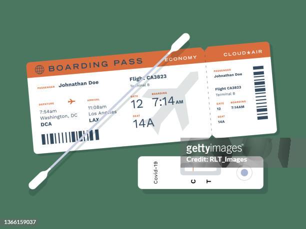 commercial airline flight boarding pass with covid-19 test - covid-19 air travel stock illustrations
