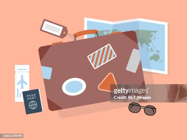 bildbanksillustrationer, clip art samt tecknat material och ikoner med world travel illustration with retro suitcase - bagagelapp
