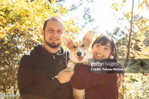 an internationally married couple and their pet corgi dog - the japanese wife stock pictures, royalty-free photos & images