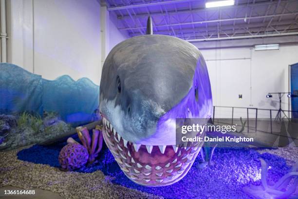 General view of an animatronic Megalodon shark during a press review of Jurassic Quest at Del Mar Fairgrounds on January 21, 2022 in Del Mar,...