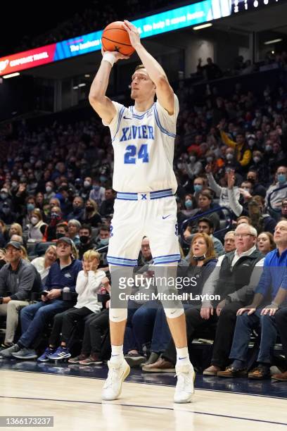 Jack Nunge of the Xavier Musketeers takes a jump shot during a college basketball game against the Creighton Bluejays at the Cintas Center on January...