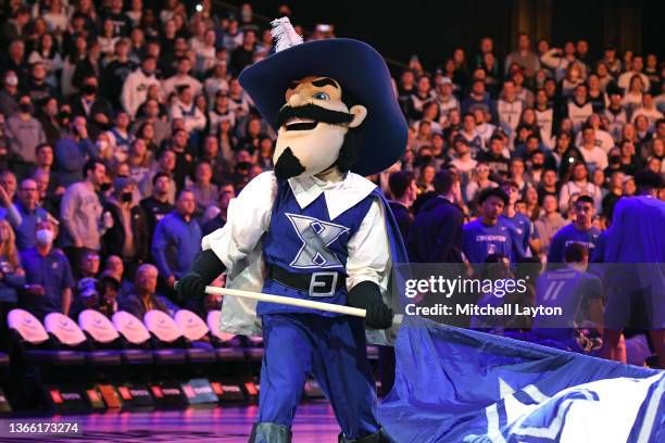 The Xavier Musketeers mascot on the floor before a college basketball game against the Creighton Bluejays at the Cintas Center on January 15, 2022 in...