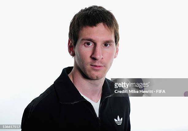 Lionel Messi of Argentina and Barcelona poses for a portrait prior to the FIFA Ballon d'Or Gala 2011 at the Kongresshaus on January 09, 2012 in...
