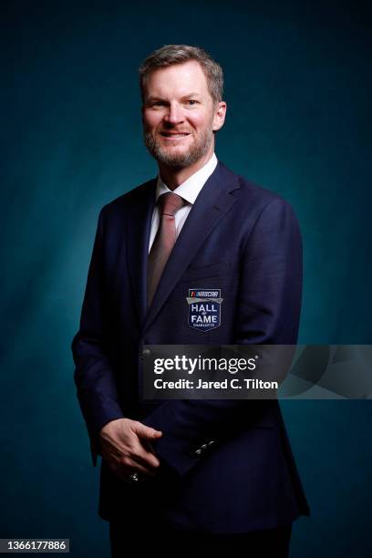 Hall of Fame inductee Dale Earnhardt Jr. Poses for a portrait during the 2021 NASCAR Hall of Fame Induction Ceremony at NASCAR Hall of Fame on...
