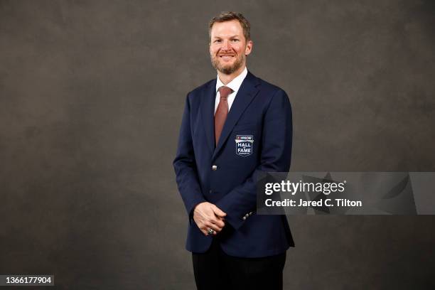 Hall of Fame inductee Dale Earnhardt Jr. Poses for a portrait during the 2021 NASCAR Hall of Fame Induction Ceremony at NASCAR Hall of Fame on...