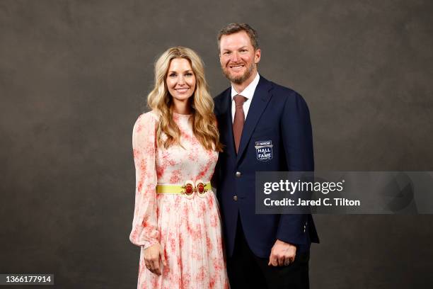 Hall of Fame inductee Dale Earnhardt Jr. And wife Amy Earnhardt pose for a portrait during the 2021 NASCAR Hall of Fame Induction Ceremony at NASCAR...
