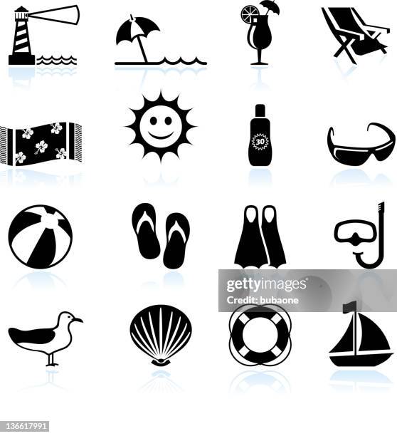 summer beach fun black and white vector icon set - outdoor chair white background stock illustrations