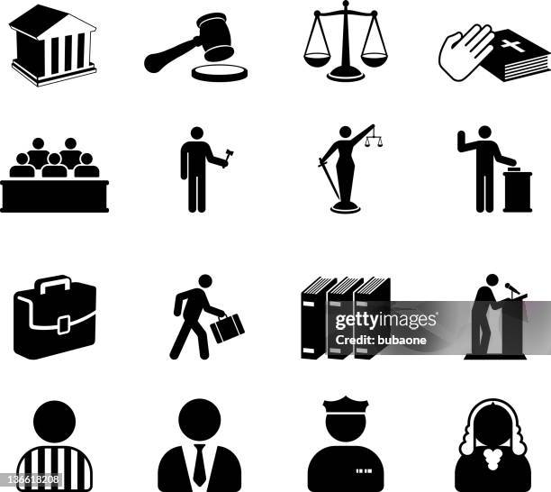 court room legal system black and white vector icon set - courtroom jurors judge stock illustrations