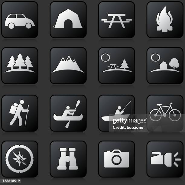 summer camping button set on a dark background - summer picnic table stock illustrations