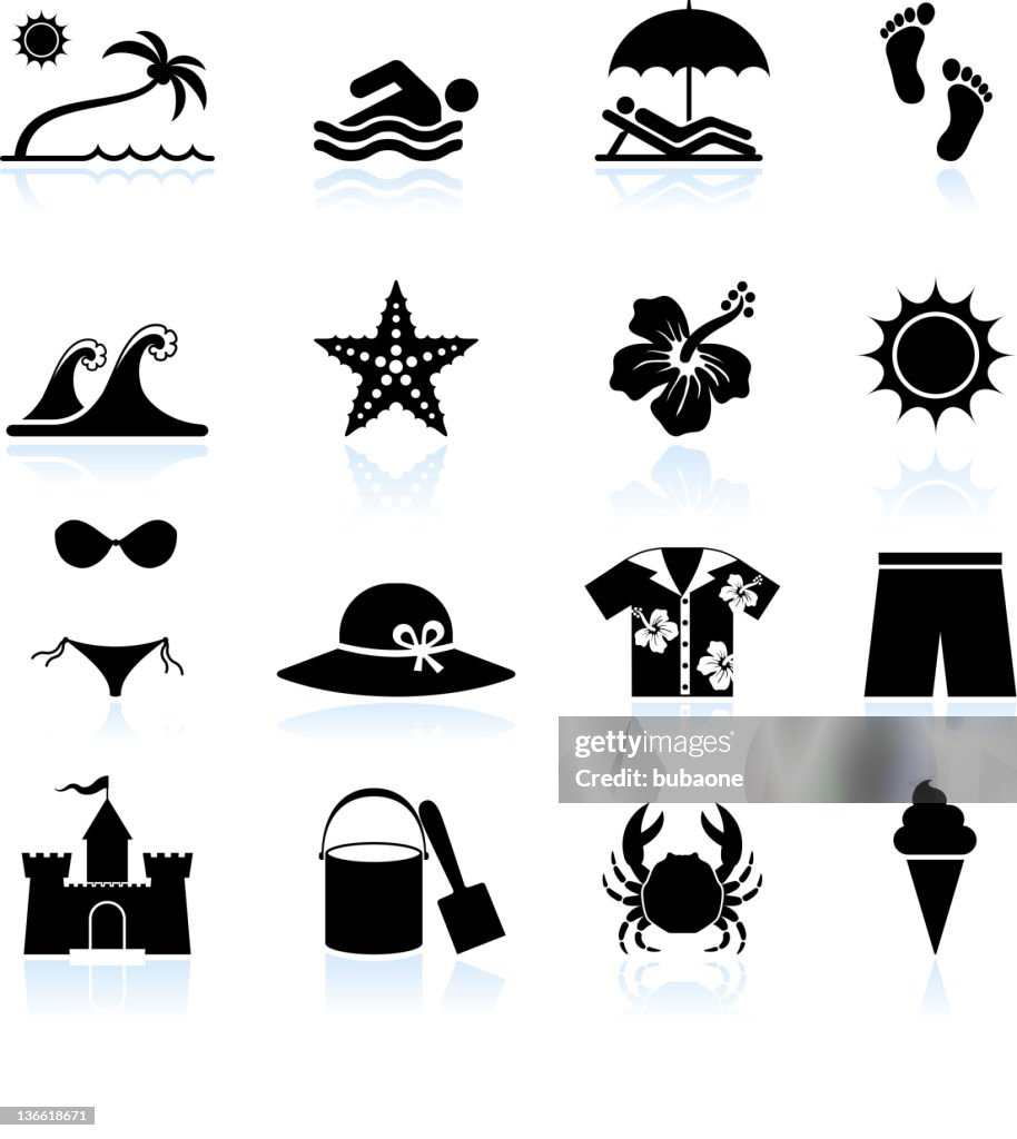 Summer beach time black and white vector icon set