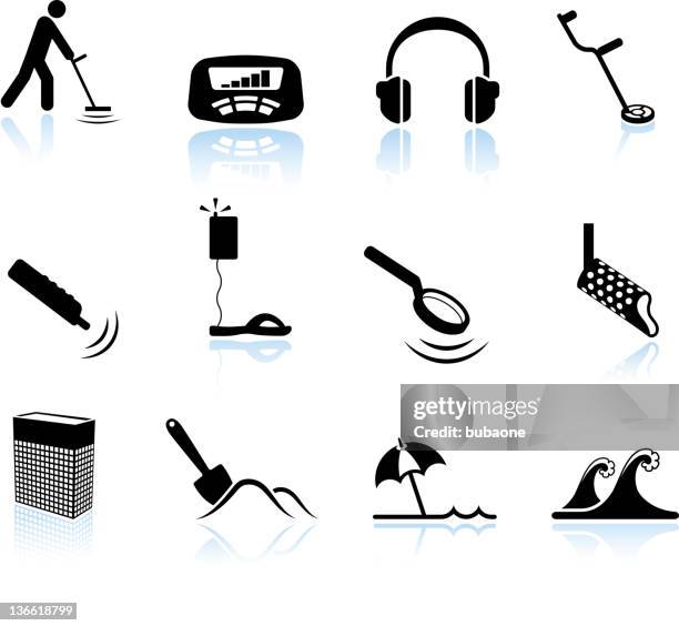 stockillustraties, clipart, cartoons en iconen met metal detection on beach black and white vector icon set - schatzoeken