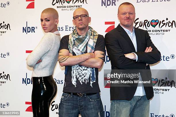 Alina Sueggeler, Thomas D and Stefan Raab pose during the press conference of "Our Star For Baku" at Brainpool Studios on January 9, 2012 in Cologne,...