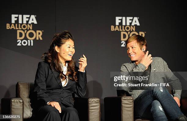 Homare Sawa of Japan and Abby Wambach of the USA during the Women's World Player of the Year nominees press conference during the FIFA Ballon d'Or...