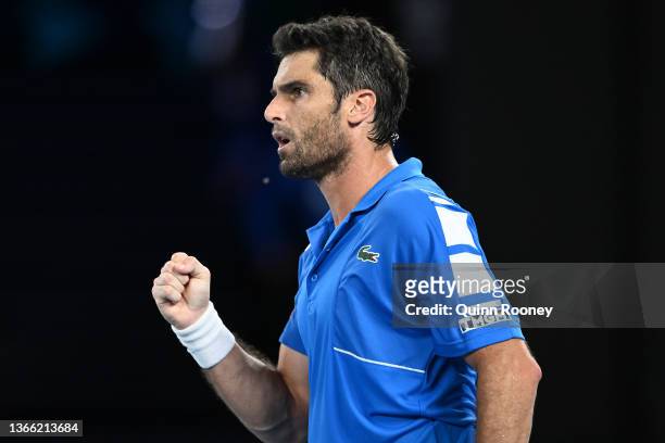 Pablo Andujar of Spain celebrates after winning a point in his third round singles match against Alex de Minaur of Australia during day six of the...