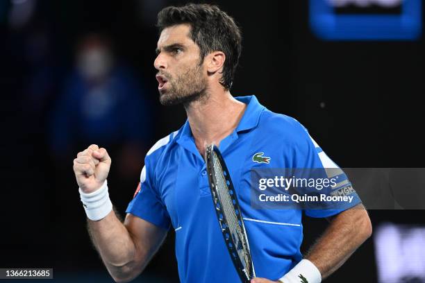 Pablo Andujar of Spain celebrates after winning a point in his third round singles match against Alex de Minaur of Australia during day six of the...