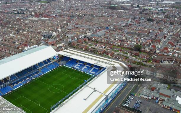 General view of the stadium prior to the Premier League match between Everton and Aston Villa at Goodison Park on January 22, 2022 in Liverpool,...