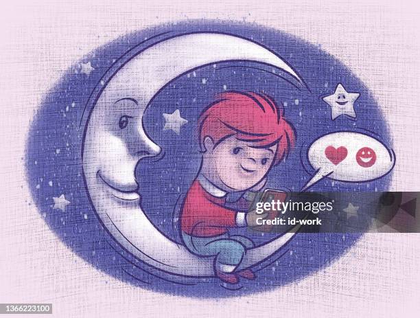 kid sitting on crescent moon and using smartphone - digital native stock illustrations