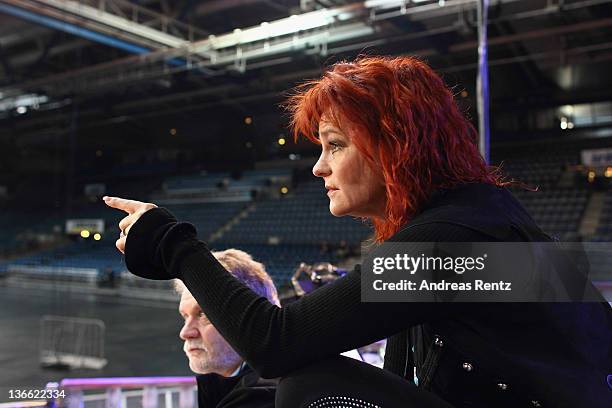 Singer Andrea Berg gestures prior to the 'Abenteuertour' 2012 premiere at Hanns-Martin-Schleyer-Halle on January 6, 2012 in Stuttgart, Germany.