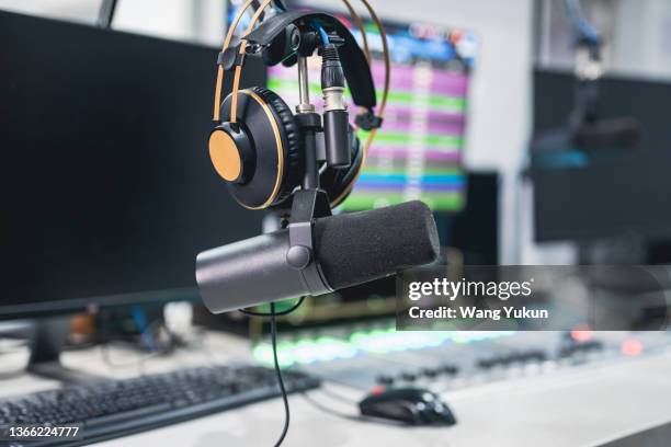 media equipment in the live room of a radio station - radio studio stock pictures, royalty-free photos & images